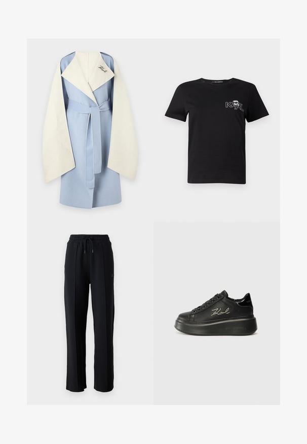 Cappotto avvolgente a blocchi di colore blu e bianco con maniche ampie, cintura da annodare e dettagli ricamati sul colletto. Tessuto morbido e design strutturato.; T-shirt nera a maniche corte in cotone. Presenta una grafica bianca con il testo "KARL" e una figura stilizzata sul petto. Collo rotondo.; Pantaloni della tuta neri con una vestibilità rilassata, vita elastica, cordoncino regolabile e cuciture verticali lungo le gambe. Tessuto morbido.; Sneaker platform neri con tomaia in pelle liscia, lacci piatti e logo "Karl" ricamato di lato. Punta arrotondata e suola spessa.