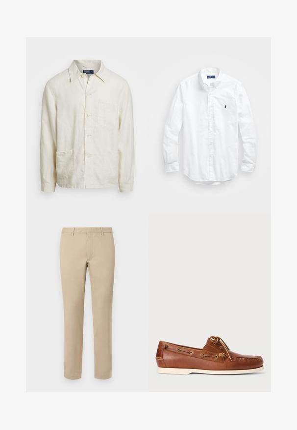 Light beige linen button-up shirt with a pointed collar, front pocket, and two lower pockets; textured fabric with a relaxed fit.; White long-sleeve button-up shirt in cotton. Features a classic collar, button cuffs, and a small navy embroidered logo on the chest.; Beige cotton trousers with a straight cut, featuring belt loops, a flat front, and tailored hems. Smooth texture and minimal detailing.; Brown leather boat shoe featuring lacing, gold eyelets, and cream rubber sole. Designed with a raised stitching pattern on the toe.