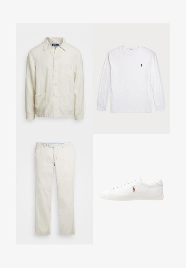 Camisa de linho bege claro com botões, colarinho pontudo, bolso frontal e dois bolsos inferiores; tecido texturizado com um corte descontraído.; Camisola de manga longa branca feita de algodão. Apresenta um decote redondo, punhos canelados e um pequeno logótipo de polo azul-marinho no lado esquerdo do peito.; Chinos de algodão bege com frente plana, passantes para cinto e bolsos laterais. Design de perna reta com uma textura suave e uma sensação leve e respirável.; Sapatilhas de couro brancas, design de cano baixo, com textura suave, biqueira redonda, atacadores à frente e um pequeno logótipo bordado na lateral.