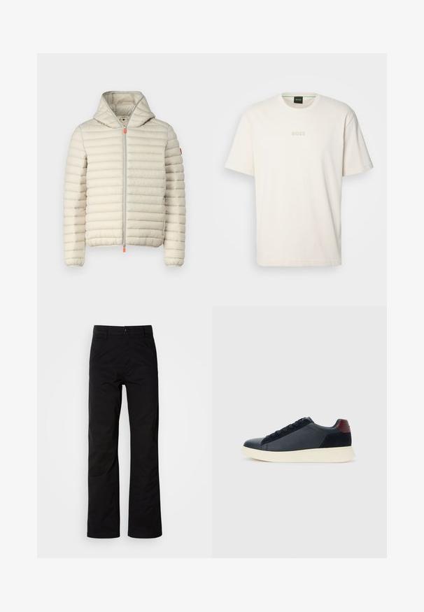Beige Daunenjacke mit horizontalen Nähten, Kapuze, Frontreißverschluss und orangem Reißverschlussanhänger. Weicher Stoff und leichtes Design.; BOSS TEE - T-Shirt basic - open white; Schwarze Baumwollhosen mit geradem Bein, ausgestattet mit einem Knopfverschluss und Gürtelschlaufen. Glatte Textur und minimalistischer Stil ohne sichtbare Muster.; Schwarze Leder- und Wildledersneaker für Herren mit einem ziegelroten Fersenpatch und weißer Gummisohle, von der Außenseite betrachtet.