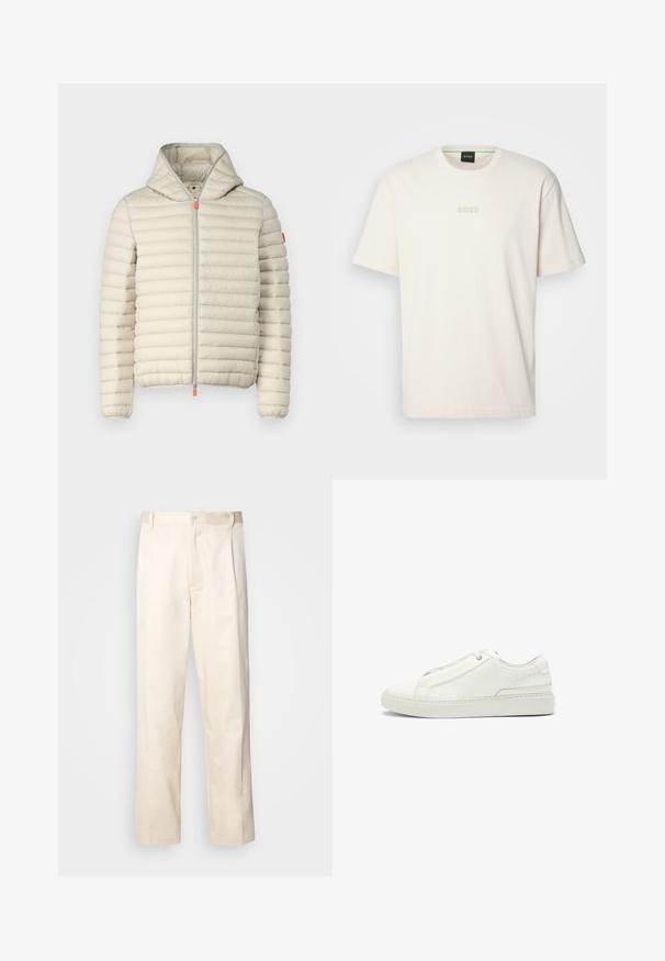Beige puffer jacket with horizontal stitching, hood, front zipper, and orange zipper pull. Soft texture and lightweight design.; BOSS TEE - Basic T-shirt - open white; Beige cotton trousers with a straight-leg cut, featuring a button closure and pleats at the front for added detail.; White leather sneaker featuring a textured upper, a round toe, minimalistic design, and a rubber sole with stitched detailing.