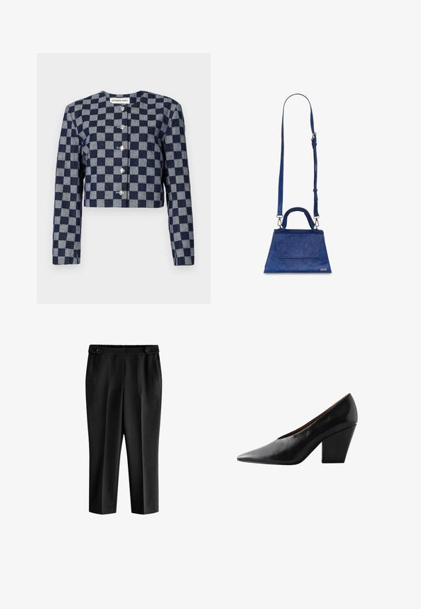 Kratší bunda v námořnické modři a šedém kostkovaném vzoru, s dlouhými rukávy, kulatým výstřihem a stříbrnými knoflíkovými zapínáními vpředu.; Černý pletený svetr s vroubkovaným kulatým výstřihem, dlouhými rukávy a rovnými lemy. Měkká textura, minimalistický design a univerzální styl.; Černé zkrácené kalhoty s uvolněným fit, elastickým pasem a dvěma předními kapsami. Materiál má hladkou texturu s mírně lesklým povrchem.; Černé kožené lodičky s špičatou špičkou a středním blokovým podpatkem. Mají hladkou texturu a elegantní siluetu, vhodné pro formální prostředí.; Modrá kabelka z umělé kůže trojúhelníkového tvaru, s horním uchopením a nastavitelným ramenním popruhem. Má hladkou texturu a detail předního klapky.