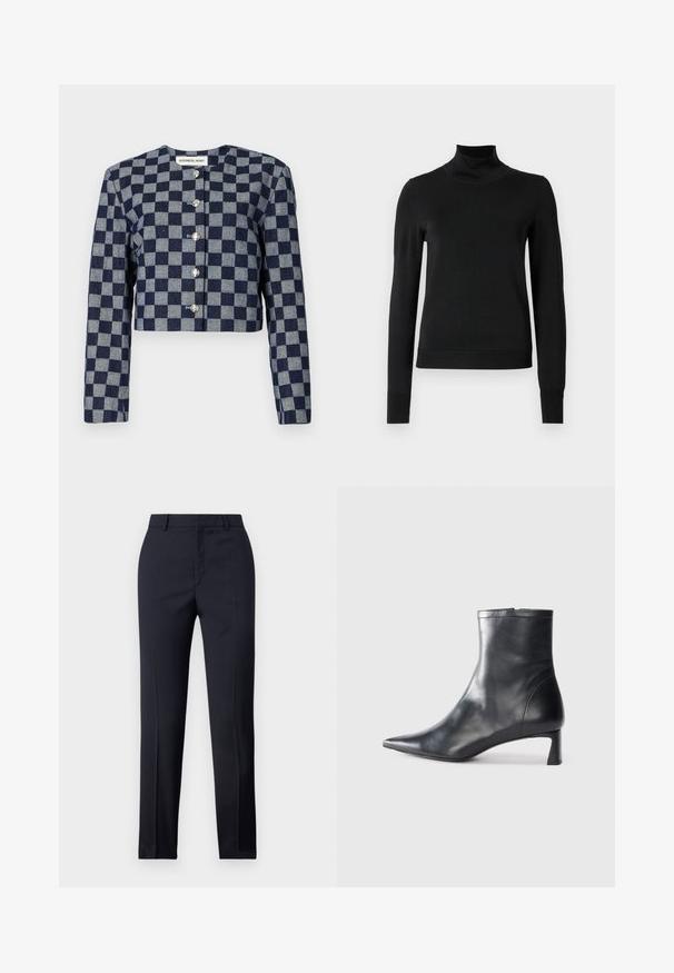 Krótkia kurtka w granatowo-szary wzór w kratę, z długimi rękawami, okrągłym dekoltem oraz srebrnymi zapięciami na guziki z przodu.; Czarny sweter z długim rękawem i stojącym kołnierzem, z prążkowanymi mankietami i dołem, zaprezentowany na białym tle.; Granatowe spodnie dopasowane o prostym kroju, o gładkiej fakturze, z dwoma przednimi kieszeniami i czystym pasem.; Czarne skórzane botki sięgające kostki z ostrym noskiem i eleganckim designem. Posiadają niski obcas oraz zamek błyskawiczny z tyłu. Gładka faktura.