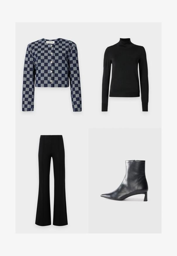 Chaqueta cortada en patrón de cuadros azul marino y gris, con mangas largas, cuello redondo y cierres de botones plateados en el frente.; Suéter negro de manga larga con cuello de tortuga, con puños y dobladillo acanalados, exhibido sobre un fondo blanco liso.; Pantalones acampanados negros de cintura alta, fabricados en tejido elástico. Presentan detalles de costura vertical en la parte delantera y una textura suave.; Botín de cuero negro hasta el tobillo con punta afilada y un diseño elegante. Presenta un tacón bajo y un cierre con cremallera en la parte trasera. Textura suave.