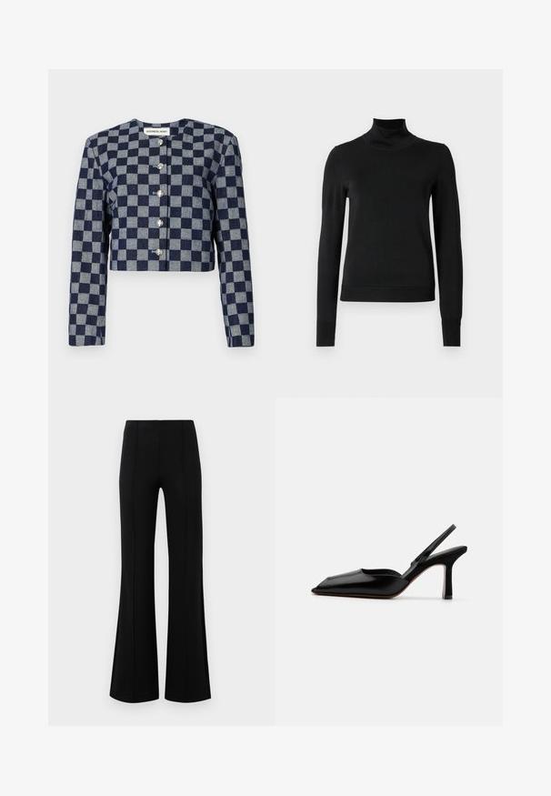 Kort jakke i marineblå og grå ternet mønster, med lange ærmer, rund halsudskæring og sølvfarvede knaplukninger foran.; Sort langærmet turtleneck sweater med ribbede manchetter og kant, vist på en simpel hvid baggrund.; Sorte højtaljede flared bukser lavet af strækbart stof. Har vertikale sømdetaljer foran og en glat tekstur.; Sort læder slingback hæl med spids tå, minimalistisk design, tynd ankelrem og en slank stiletto hæl. Glat tekstur.