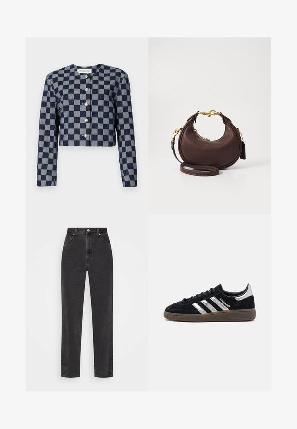 Rövidített dzseki tengerészkék és szürke kockás mintával, hosszú ujjal, kerek nyakkivágással és ezüst gombos záródással elöl.; Fehér ing, álló gallérral, hosszú ujjakkal, bal mellen egy kis kék logóval. Pamut anyagból készült.; Fekete, egyenes szárú farmernadrág, magas derékkal, elülső gombbal és cipzárral, valamint öt zsebes stílussal, fehér háttérrel.; Fekete velúr sportcipő fehér csíkokkal, gumitalppal és fényes ezüst akcentussal a sarkán. Klasszikus alacsony felső kialakítású.; COACH JONIE BAG - Kézitáska - maple