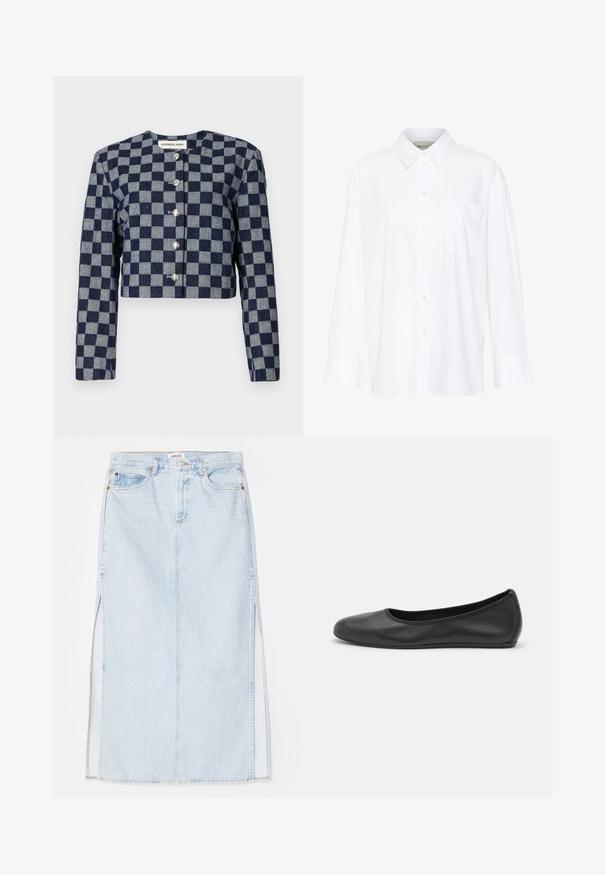 Veste courte à motif vichy bleu marine et gris, avec des manches longues, un col rond et des fermetures à boutons argentés sur le devant.; Chemise blanche à manches longues avec col, en coton. Présente un devant à boutons et une poche poitrine unique. Texture lisse, coupe décontractée.; Jupe maxi en denim bleu clair avec une coupe droite, dotée de fentes sur les côtés et d'un design à cinq poches. Couture bien visible et fermeture à bouton métallique.; Ballerines en cuir noir avec un bout rond, texture lisse, détails de couture minimalistes et design de semelle flexible.