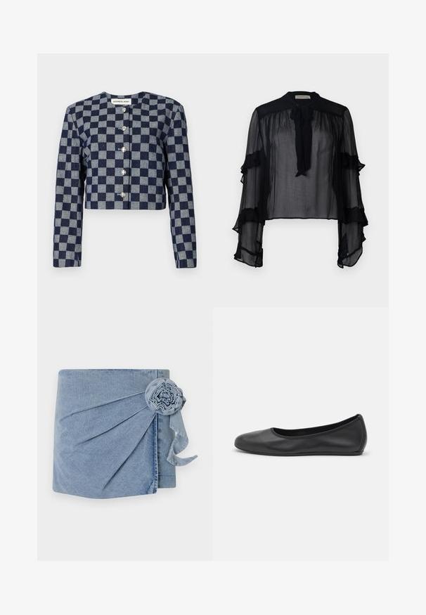 Giacca corta in blu navy e grigio a fantasia check, con maniche lunghe, scollo rotondo e chiusure con bottoni argentati sul davanti.; Blusa nera trasparente con maniche lunghe a ruches e colletto da annodare. Realizzata in tessuto leggero e con una vestibilità ampia, adatta per essere indossata a strati.; Wrap in denim con una tonalità azzurro chiaro, con pieghe intricate e un fiore decorativo con un nastro che penzola. Texture morbida e design informale.; Pantofole da balletto nere in pelle con punta arrotondata, texture liscia, dettagli di cucitura minimi e design con suola flessibile.