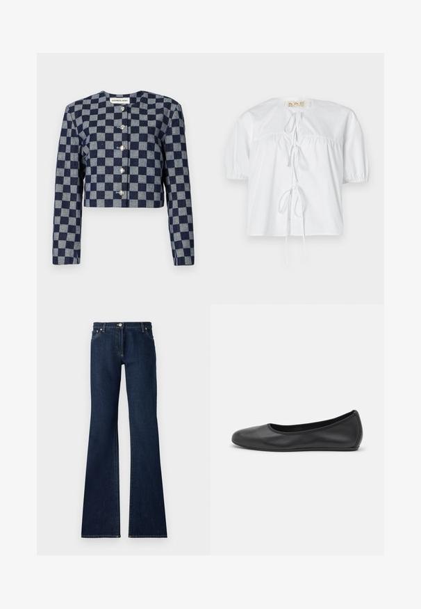 Gewatteerde jas in marineblauw en grijs ruitpatroon, met lange mouwen, een ronde halslijn en zilveren knoopsluitingen aan de voorkant.; Witte katoenen blouse met korte pofmouwen, een ronde halslijn en een detail met een strik aan de voorkant. Bevat gathered naden voor een relaxte pasvorm.; Donkerblauwe uitlopende jeans gemaakt van denim, met een vijf-vakken ontwerp, riemlussen en contrasterende gele stiksels langs de naden.; Zwarte leren ballerina met een ronde neus, gladde textuur, minimale stikdetails en een flexibele zoolontwerp.