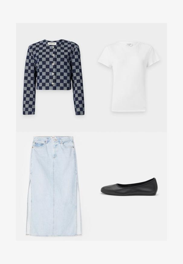 Gewatteerde jas in marineblauw en grijs ruitpatroon, met lange mouwen, een ronde halslijn en zilveren knoopsluitingen aan de voorkant.; Witte katoenen t-shirt met ronde hals en korte mouwen, met een relaxed fit en een minimalistisch ontwerp. Etiket zichtbaar aan de hals.; Lichtblauwe denim maxi rok met een rechte snit, voorzien van zijsplits en een ontwerp met vijf zakken. Opvallende stiksels en metalen knoopsluiting.; Zwarte leren ballerina met een ronde neus, gladde textuur, minimale stikdetails en een flexibele zoolontwerp.