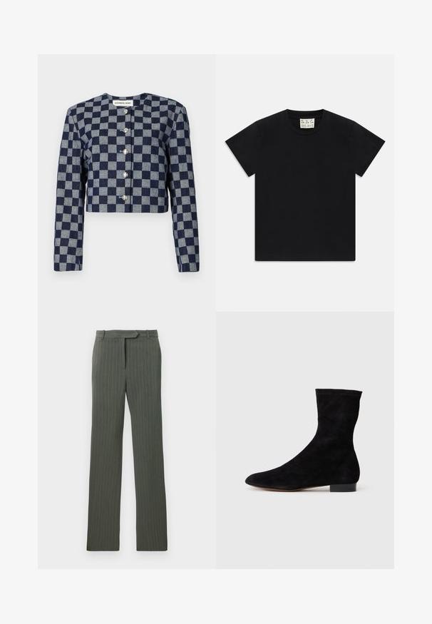 Kurze Jacke im marineblauen und grauen Karomuster, mit langen Ärmeln, runder Ausschnittform und silbernen Knopfverschlüssen auf der Vorderseite.; Schwarzes Kurzarm-T-Shirt mit Rundhalsausschnitt und einem weißen Etikett im Kragen, darauf steht "D.R.C. EST. 2002", vor einem weißen Hintergrund.; Dunkelgraue, taillierte Hose mit Nadelstreifen, Gürtelschlaufen und geradem Bein, flach auf einem weißen Hintergrund ausgelegt.; Schwarze Wildleder-Ankelboots mit einem enganliegenden Schaft, spitzer Zehenform und niedrigem Blockabsatz. Glatte Textur und minimalistisches Design, geeignet für vielseitige Styles.