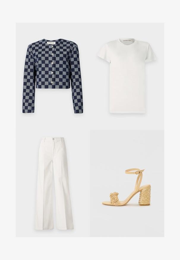 Krojena jakna v mornarsko modri in sivi karirasti vzorec, z dolgimi rokavi, okroglim izrezom in srebrnimi gumbi za zapiranje spredaj.; Bela kratka majica s kratkimi rokavi, izdelana iz bombaža, z okroglo izrezom in preprostim krojem. Oznake prikazujejo "DESIGNERS REMIX" znotraj ovratnika.; Bele široke hlače iz bombaža z gladko teksturo. Imajo gumb spredaj, zadrgo in zasnovo z štirimi žepi.; Beige sandala na visokom potplatu s pletenom teksturom, s dekorativnim cvijetom i remenom oko gležnja. Kvadratna peta osigurava stabilnost.