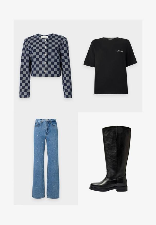 Gewatteerde jas in marineblauw en grijs ruitpatroon, met lange mouwen, een ronde halslijn en zilveren knoopsluitingen aan de voorkant.; Zwarte katoenen t-shirt met korte mouwen en een ronde hals. Bevat witte geborduurde tekst op de linkerborst. Glad textuur.; Blauwe hoge taille rechte jeans met kleine witte bloemenborduursels verspreid over de stof.; Hoge zwarte leren laars tot de knie met een lage gestapelde hak en een ronde neus, weergegeven op een witte achtergrond.
