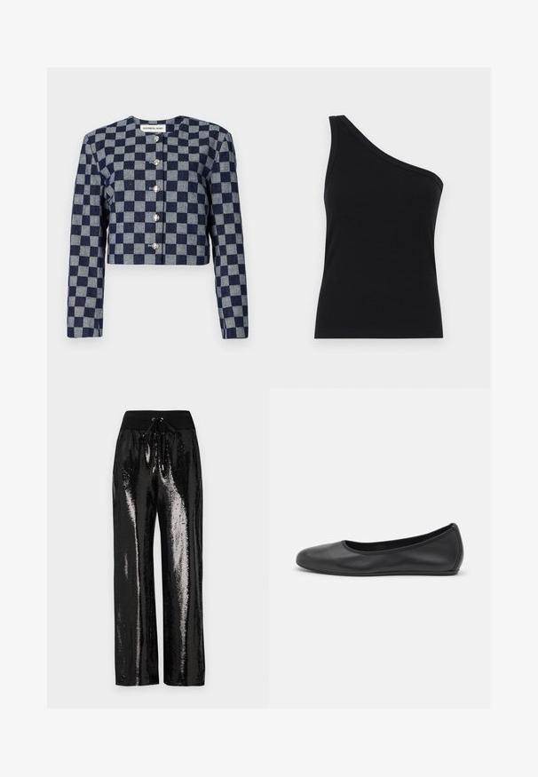 Casaco curto em padrão xadrez azul-marinho e cinza, com mangas longas, decote redondo e fechos de botão prateados na parte da frente.; Top de tanque preto com um ombro, com um design justo e textura suave. Apresenta um corte limpo e minimalista e um decote suave.; Calças pretas brilhantes com corte de perna larga e cintura elástica com cordão. O tecido tem uma textura refletora e brilhante.; Bailarina preta em pele com bico arredondado, textura suave, detalhe de costura minimalista e design de sola flexível.