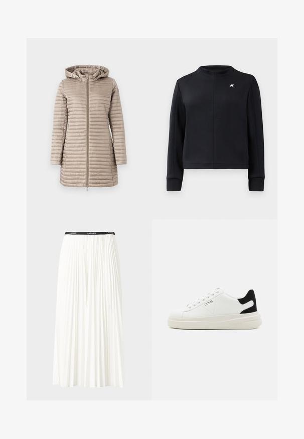 Bež investirani parka s kapuljačom, s vertikalnim šavovima, prednjim zatvaračem i bočnim džepovima. Glatka, sjajna tekstura.; Crna dukserica s visokim ovratnikom, dugim rukavima i prilagođenim dizajnom. Ima mali logo na prsima i teksturiranu tkaninu.; Nabrana bijela suknja s crnim elastičnim pojasom na kojem se nalazi logo "LACOSTE". Srednje dugačak dizajn s mekim teksturom.; Bijele kožne tenisice s debelim bijelim potplatom, crnim zamšastim akcentom na peti i ugraviranim logom sa strane. Dizajn s vezicama i šest rupa za vezivanje.