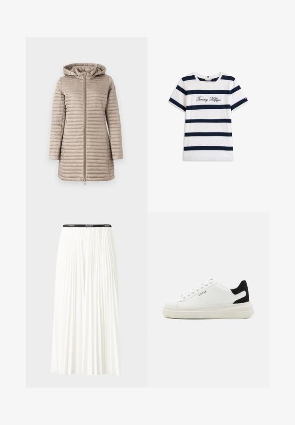 Béžová vypchávkovaná parka s kapucňou, s vertikálnymi prešívanými pruhmi, predným zipsom a bočnými vreckami. Hladká, lesklá textúra.; Bavlnené tričko s horizontálnymi námorníckymi pruhmi na bielom pozadí. "Tommy Hilfiger" vyšívané kurzívou na hrudi. Okrúhly výstrih.; Plisovaná biela sukňa s čiernym elastickým pásom s logom "LACOSTE". Sukňa je stredne dlhá a má mäkkú textúru.; Biele kožené tenisky s hrubou bielou podrážkou, čiernym zamekom na päte a vyrazeným logom na boku. Šnurovací dizajn so šiestimi očkami.