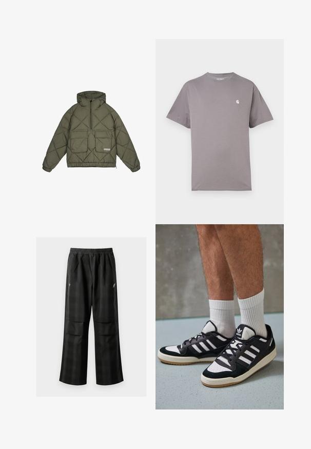 Jachetă puffer de culoare verde măsliniu, cu glugă, fermoar frontal, două buzunare în față, design pătrățos și manșete și tiv elastic.; Tricou gri cu mâneci scurte, fabricat din bumbac. Are un guler rotund și un mic logo alb pe partea stângă a pieptului. Textură netedă.; Pantaloni cu un model carourile negre, având talie elastică, două buzunare frontale și un croi lejer cu picioare drepte. Construiți dintr-un material ușor.; Adidași negri și albi cu un superior din suede și piele, prevăzuți cu trei dungi albe, un vârf perforat și o talpă din cauciuc caramel.