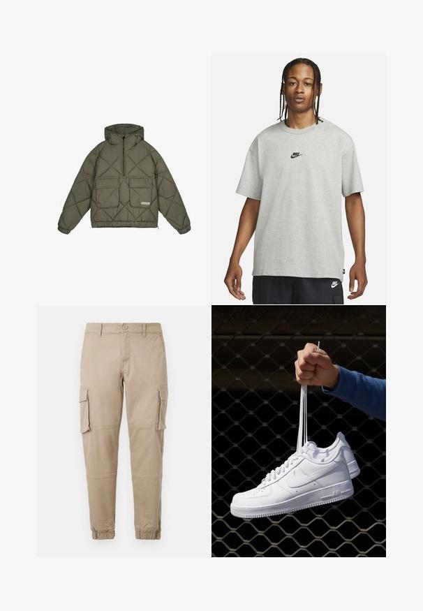 Pufová bunda v olivovej farbe, s kapucňou, predným zipsom, dvoma prednými vreckami, prešívaným dizajnom a elastickými manžetami a lemom.; Mladý človek s vrkôčikmi, oblečený v svetlošedé tričko Nike a čierne šortky Nike, na pozadí bielej steny.; Béžové cargo nohavice vyrobené z ľahkej bavlny. Majú elastické manžety, viacero bočných vreciek a zapínanie na gombík.; Biele kožené tenisky s perforáciami, okrúhlou špičkou, plochou podrážkou a hrubými šnúrkami, pričom majú viditeľné logo swoosh a nápis "AIR" na päte.