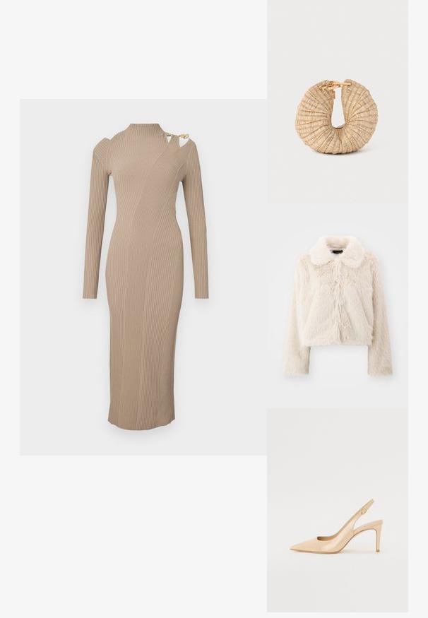 Giacca in pelliccia tagliata color crema con una finitura morbida e texture. Presenta un colletto classico e maniche lunghe, cuciture frontali centrali e senza chiusure visibili.; Abito midi a maniche lunghe, a coste, color beige, con collo alto e dettaglio spalle scoperte, caratterizzato da accenti in metallo dorato.; Sandalo con tacco a spillo in pelle verniciata nudo, con punta affilata, vamp aperto e sottile tacco a stiletto. Presenta un accentuazione circolare in oro sulla fascia.; Cult Gaia UBAH - Pochette - wheat