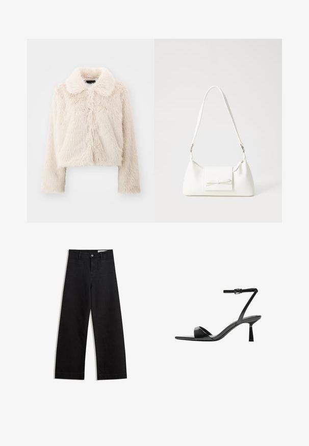 Korte bontjas in crèmekleur met een zachte, gestructureerde afwerking. Heeft een klassieke kraag en lange mouwen, een centrale naad aan de voorkant en geen zichtbare sluitingen.; Zwarte T-shirt met korte mouwen en V-hals, met een eenvoudig, aansluitend ontwerp op een witte achtergrond.; Zwarte denim broek met wijde pijpen en een hoge taille, voorzien van voor- en achterzakken, gestikte naden en een knoopsluiting. Gladde textuur.; Bershka Sandalen met hoge hak - black; Witte synthetische handtas met een driehoekige vorm, platte voorklep en strikdetail, verstelbare schouderriem, gladde textuur en minimalistisch ontwerp.