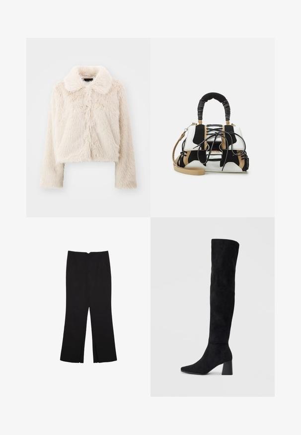 Cropped fur jacket in cream with a soft, textured finish. Features a classic collar and long sleeves, centered front seams, and no visible fastenings.; Asymmetrical black top in soft fabric, featuring a single broad shoulder strap and a fitted design with a hem at the waist.; Black trousers with a straight fit, featuring front pockets and side slits at the hem. Made of soft, smooth fabric. Suitable for various occasions.; Black suede knee-high boot with block heel, pointed toe, and smooth, seamless design on a plain light background.; Multicolored handbag with black, white, and beige mesh. Features a textured handle, lace-up design, and detachable shoulder strap.