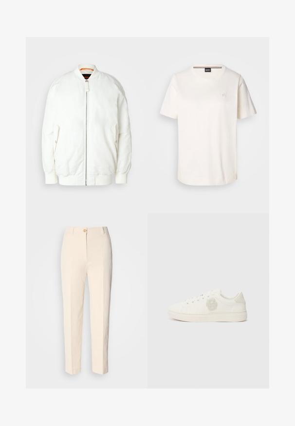 Bela bomberska jakna z gladko, sijočo teksturo, rebrastim ovratnikom in manšeti, zadrgo in stranskimi žepi. Nežne oranžne akcenti znotraj.; Bela bombažna majica s kratkimi rokavi, okrogel izrez in majhnim logotipom na prsih. Gladka textura in ravni rob.; Kremne hlače z visokim pasom, izdelane iz teksturirane tkanine. Imajo sprednje zapiranje na gumb in ožje noge.; Bela športna obutev z gladkim usnjeno zgornjim delom, okroglo konico, ravnim vezalkami in teksturirano logotipno nalepko na strani. Gumiran podplat z minimalnim oprijemom.