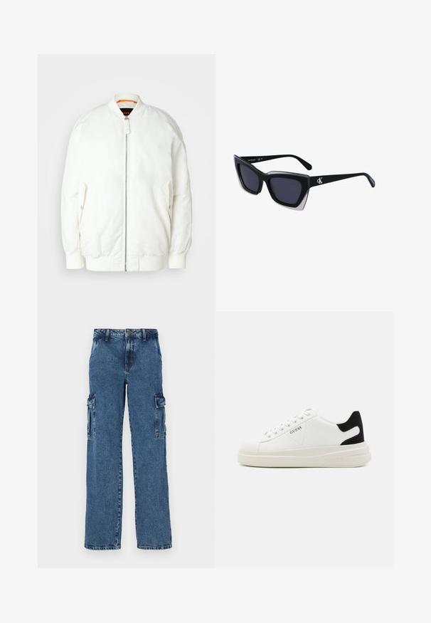 Biele bomber bunda s hladkou, lesklou textúrou, rebrovaným golierom a manžetami, zipsom a bočnými vreckami. Jemné oranžové akcenty vo vnútri.; Čierne tričko s krátkymi rukávmi, so lesklým nápisom "Guess" v písanke a "Los Angeles" pod ním, vyrobené z mäkkej bavlnenej látky.; Modré denimové cargo nohavice s voľným strihom, ktoré majú dve bočné vrecká, zosilnené švy a rovný strih nohavíc.; Biele kožené tenisky s hrubou bielou podrážkou, čiernym zamekom na päte a vyrazeným logom na boku. Šnurovací dizajn so šiestimi očkami.; Čierne oversized slnečné okuliare s geometrickým tvarom, s tmavými šošovkami a kontrastným šedým detailom na ráme. Logo na mostíku.; Strieborné kovové náušnice s hladkým tvarom kvapky a lesklým povrchom. Jemné rytiny pridávajú detail. Minimalistický dizajn.