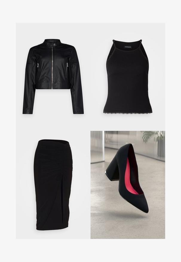 Must lõikega must nahktagi, millel on tõmblukk ees, seisev krae ja kaks külgmist tõmblukku taskut. Õlgadel on ribakujundus. Sile tekstuur.; Must mustriba top musta servadega äärega. Omab peeneid rihmu ja istuvat disaini. Valmistatud venivast kangast.; Mustast, rikutud pliiatsiseelik sidumisdetailiga ja küljes lahtise lõhenemisega. Valmistatud venivast kangast, millel on sile tekstuur ja keha lähedane lõige.; Mustad must kõrged kontsad, terava ninaga, tekstuurse pinnaga ning erksa roosa sisemusega. Omab paksu kontsa koos hõbedase aktsendiga.