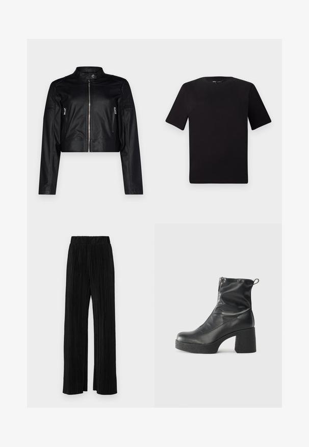 Črna skrajšana usnjena jakna z zadrgo spredaj, stoječim ovratnikom in dvema stranskima žepoma z zadrgo. Ima rebrasto podrobnost na ramenih. Gladka tekstura.; Črna majica s kratkimi rokavi in okroglim izrezom, izdelana iz mehkega bombažnega materiala. Preprost dizajn, brez vidnih logotipov ali vzorcev.; Črne plisirane hlače z elastičnim pasom. Imajo široke noge in gladko, teksturirano tkanino z navpičnimi črtami.; Črne gležnjarje iz gladke kože z božnim zadrgo, masivnim teksturiranim peto in zaobljeno obliko prstov.