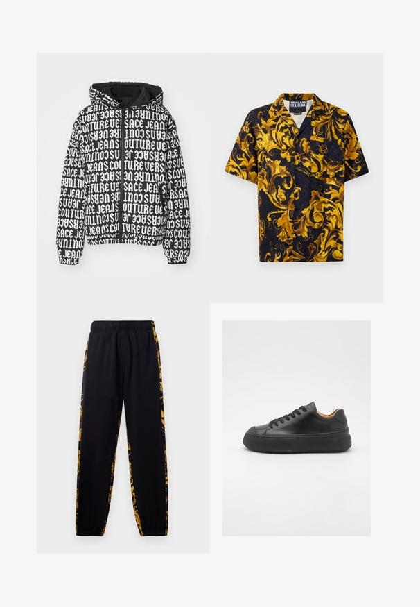 Fodrad svart jacka med ett heltäckande vitt grafiskt texttryck. Inkluderar huva, dragkedjestängning och elastiska ärmslut.; Svart kortärmad skjorta med knappar, prydd med gula och gyllene barockblommönster och en bröstficka, märkt Versace Jeans Couture på insidan av kragen.; Svarta joggerbyxor med elastisk midja och muddar, med sidopaneler i guld- och svartmönstrad blommönster.; Svarta lädersneakers med rund tå, snörning framtill, slät yta, tjock gummisula och kontrasterande tan-färgad insida.