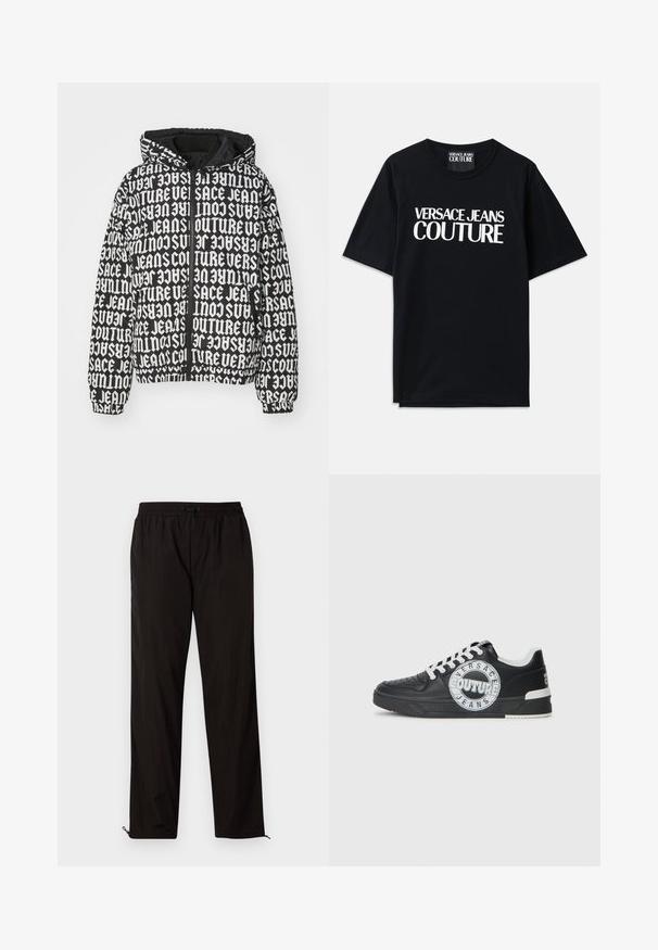 Fodrad svart jacka med ett heltäckande vitt grafiskt texttryck. Inkluderar huva, dragkedjestängning och elastiska ärmslut.; Svart bomullströja med korta ärmar som har stor vit text "VERSACE JEANS COUTURE" på framsidan. Klassisk rundad halsringning.; Svarta lätta byxor med elastisk midja, snörning och dragkedja vid bensluten för justerbar passform. Slät och elegant yta.; Svart lädersneakers med vita accenter, rund logodetalj, perforerad tå och kontrasterande sula. Har vita snören och varumärkeslogotyp.