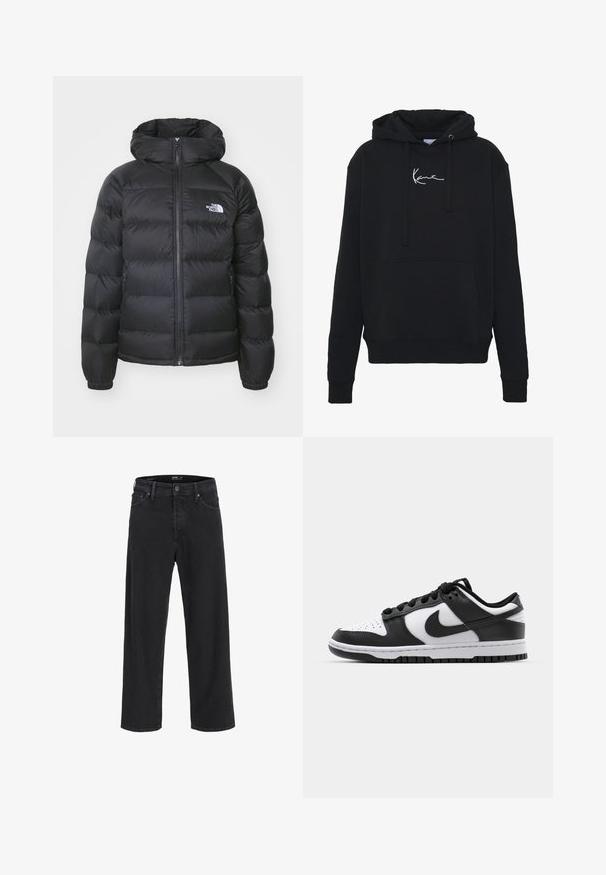 Black puffer jacket with a hood, featuring a zip front, elastic cuffs, and a logo on the left chest. Quilted texture enhances insulation.; Black hoodie made of soft fabric, featuring a front pocket, drawstrings, and white logo embroidery on the chest. Classic fit and ribbed cuffs.; Black straight-leg denim jeans with button and zipper closure, belt loops, and front and back pockets.; Black and white Nike Dunk sneakers featuring a leather upper, perforated toe, black laces, and a black rubber sole with tread design.