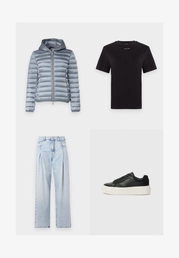 Save the duck ALEXIS - Übergangsjacke - blue fog; Schwarzes Baumwoll-T-Shirt mit kurzen Ärmeln, Rundhalsausschnitt und kleinem weißen "Calvin Klein"-Logo auf der Brust. Glatte Textur, klassischer Schnitt.; Helle blaue Denim-Jeans mit hoher Taille, weitem Beinschnitt, zwei seitlichen Taschen und gefaltetem Design. Weiche Textur mit einem ausgebleichten Finish.; Schwarze Leder-Sneaker mit abgerundeter Zehenpartie, weißer Plattformsohle und schwarzen Schnürsenkeln. Verfügt über ein dezentes Logo an der Ferse und eine glatte Textur.