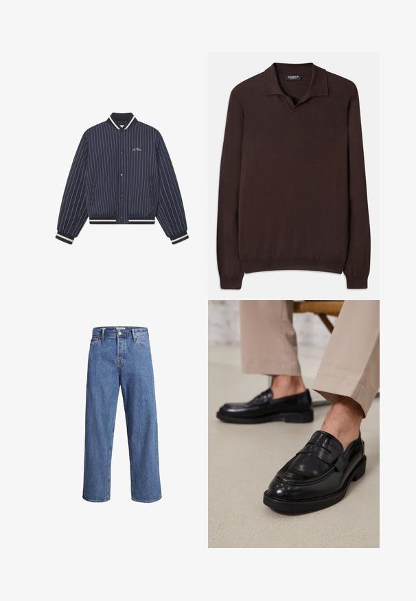 Marineblauwe bomberjack met fijne streepjes, voorzien van een geribbelde kraag, manchetten en zoom; heeft drukknoopsluiting aan de voorkant en zijzakken.; Dondup REGULAR FIT SHIRT - Trui - cioccolato; Lichtblauwe denimjeans met een recht model, hoge taille en minimale stiksels. De stof heeft een zachte, licht vervaagde textuur.; Zwarte leren loafers met een gladde afwerking, voorzien van een decoratieve band en contrasterende stiksels, gecombineerd met beige broeken.