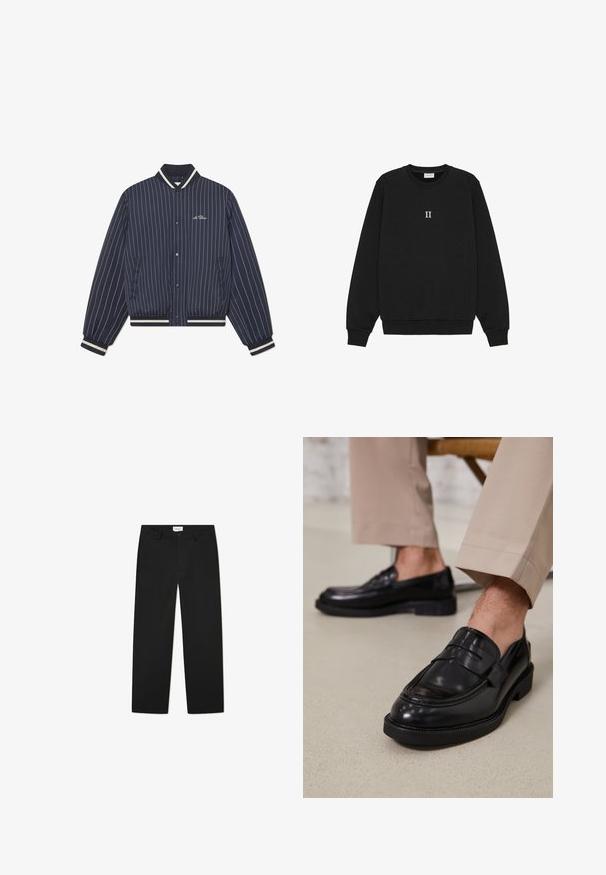 Námornícky modrá bomber bunda s jemným pruhovaním, ribovaným golierom, manžetami a lemom; obsahuje predné cvoky a bočné vrecká.; Čierna mikina z bavlny s okrúhlym výstrihom a rebrovanými manžetami, na prednej strane s bielym vyšitým textom "II".; Čierne, tailorované nohavice z hladkej tkaniny. Majú zapínanie na gombík, pútka na opasok a bočné vrecká. Priamy strih bez ozdôb.; Čierne kožené poltopánky s hladkým povrchom, so zdobným remienkom a kontrastným prešívaním, skombinované s béžovými nohavicami.