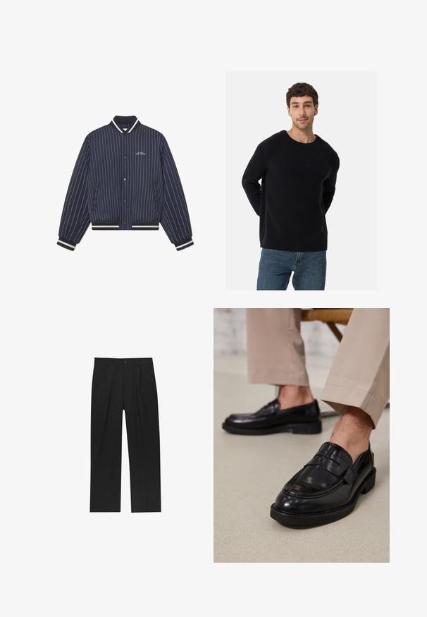 Marineblauwe bomberjack met fijne streepjes, voorzien van een geribbelde kraag, manchetten en zoom; heeft drukknoopsluiting aan de voorkant en zijzakken.; Zwarte ribbeltrui met een ronde halslijn en een ontspannen pasvorm. Zachte textuur, lange mouwen, gecombineerd met een blauwe spijkerbroek.; Zwarte broeken met een recht model, gemaakt van een gladde stof. Voorzien van een voorplooien en een enkele knoopsluiting bij de taille.; Zwarte leren loafers met een gladde afwerking, voorzien van een decoratieve band en contrasterende stiksels, gecombineerd met beige broeken.