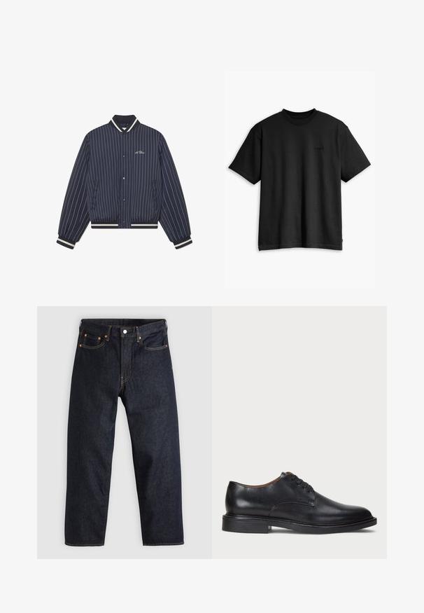 Jacke de bombardeiro azul-marinho com riscas, colarinho, punhos e bainha canelados; possui botões de pressão na frente e bolsos laterais.; T-shirt preto de algodão com decote redondo e mangas curtas. Apresenta um logo discreto na parte da frente e uma barra reta. Design simples e minimalista.; Jeans de denim azul-escuro com corte reto, cinco bolsos, costura laranja em contraste e fecho de botão. Sem padrões ou adornos visíveis.; Sapato de vestido em couro preto com bico redondo, design com atacadores e um salto baixo empilhado. Textura suave com detalhes de costura mínimos.