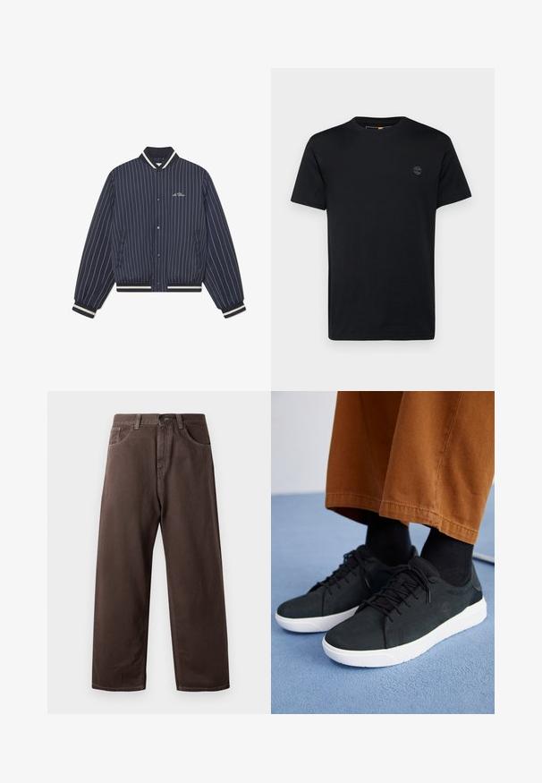 Tumed sinine, triibuline bomber jacket ribatud krae, mansettide ja alläärega; omab ees nuppe ja küljetaskuid.; Mustmust t-särk, millel on ümar kaelus, lühikesed varrukad ja väike, tikandiga logo rinnal. Sile tekstuur, klassikaline lõige.; Pruunid laia säärega püksid, mis on valmistatud puuvillast, klassikalise viie tasku kujundusega, lukuga ja nähtavate õmbluse detailidega.; Mustad suede spordijalatsid valge kummitaldaga, millel on paeltega kinnitamine, tekstuuriga aktsendid ja tagasihoidlik bränding, koos pruuni pükstega.