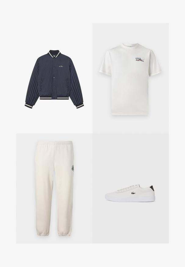Navy blue, pinstripe bomber jacket with a ribbed collar, cuffs, and hem; features front snap buttons and side pockets.; White cotton T-shirt with a round neckline, short sleeves, and a small embroidered logo featuring mountains and text on the left chest.; Light beige sweatpants made of cotton, featuring an elastic waistband, ribbed cuffs, and a green logo with leaf design on the left leg.; White leather sneaker with round toe, lace-up front, and black heel accent. Features a small embroidered crocodile logo on the side.