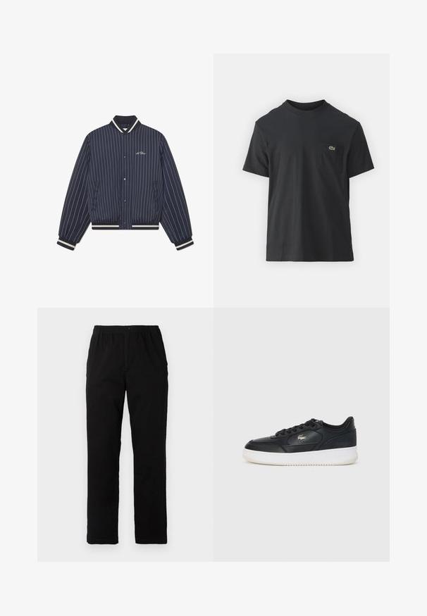 Marineblaue, gestreifte Bomberjacke mit einem gerippten Kragen, Bündchen und Saum; verfügt über Druckknöpfe vorne und Seitentaschen.; Schwarz Baumwoll-T-Shirt mit kurzen Ärmeln, rundem Ausschnitt und einem kleinen grünen Logo auf der linken Brusttasche. Einfaches Design, reguläre Passform.; Schwarze Hosen aus einem Baumwollmischgewebe, mit geradem Schnitt, elastischem Bund mit Knopf und ohne sichtbare Muster oder Akzente.; Schwarze Ledersneaker mit weißer Sohle, runde Spitze, Schnürverschluss und einem dezenten Logo an der Seite. Strukturierte Obermaterialakzente.