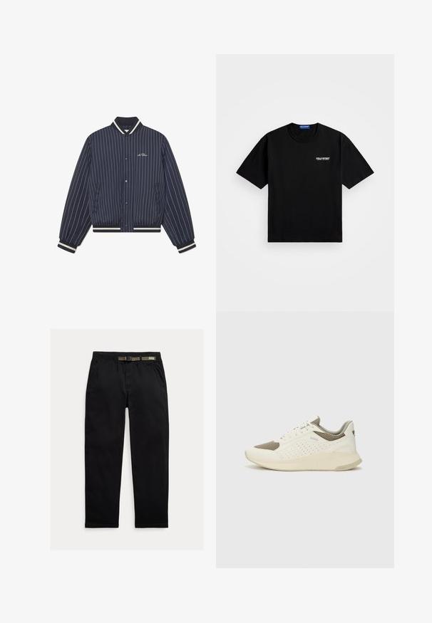 Temno modra bomber jakna s črtami, z rebrastim ovratnikom, manšetami in robom; ima sprednje zapenjalo na pritisne gumbke in stranske žepe.; Črna bombažna majica s krožnim izrezom in kratkimi rokavi. Na levi strani prsnega dela je belo logo "POLO SPORT". Standardna velikost.; Črne hlače iz lahkega blaga, z elastičnim pasom in vgrajenim zeleni pasom, ravne noge in stranskimi žepi.; Beli in svetlo bež športni copat, s mrežastim zgornjim delom, perforiranimi detajli in teksturirano srednjim delom z blagovno znamko na peti.