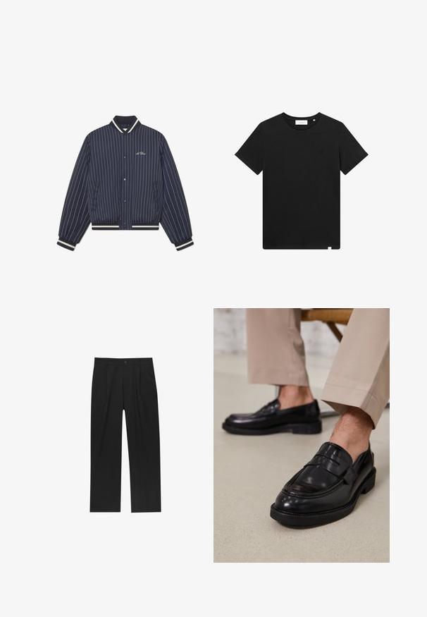 Marineblauwe bomberjack met fijne streepjes, voorzien van een geribbelde kraag, manchetten en zoom; heeft drukknoopsluiting aan de voorkant en zijzakken.; Zwarte T-shirt met korte mouwen van katoen, met een ronde hals en een klein logo geborduurd op de borst. Soepele textuur, normale pasvorm.; Zwarte broeken met een recht model, gemaakt van een gladde stof. Voorzien van een voorplooien en een enkele knoopsluiting bij de taille.; Zwarte leren loafers met een gladde afwerking, voorzien van een decoratieve band en contrasterende stiksels, gecombineerd met beige broeken.