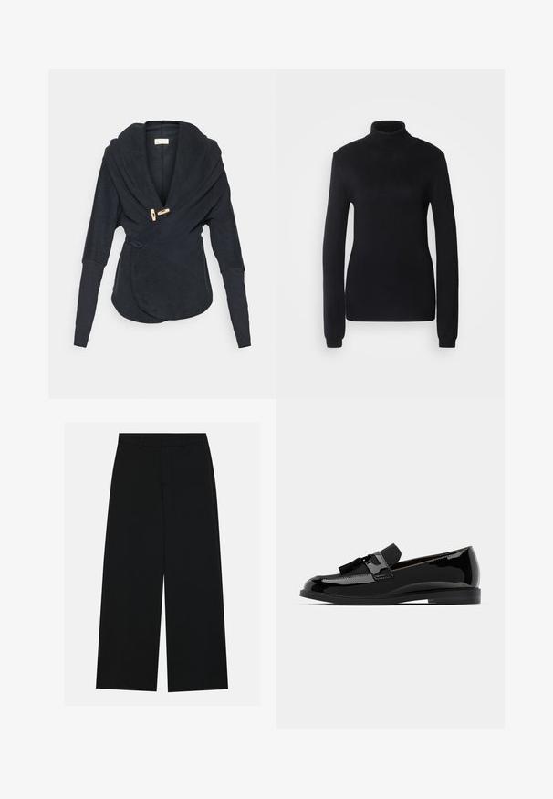 Yogasearcher Casaco polar - black; Suéter de gola alta preto feito de um tecido de malha suave, com mangas longas e uma silhueta ajustada, apresentando um colarinho e bainha canelados.; Calças pretas de perna larga feitas de um tecido suave. Apresentam uma cintura plana com passantes para cinto e sem bolsos visíveis. Design simples.; Mocassins pretos em couro verniz com salto baixo, apresentando um detalhe em franja e superfície lisa, desenhados com um bico arredondado e costura subtil.