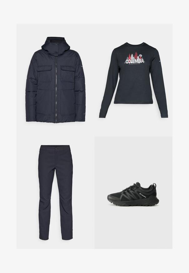 Takkihattu tummansinisestä puuvillasta, jossa on vetoketju etuosa, kaksi rintataskua ja päällystetty muotoilu. Valmistettu teksturoidusta synteettisestä materiaalista.; Tummanharmaa pitkähihaisen paidan graafinen kuva punaisista puista ja vuorista; "COLUMBIA" -logo lihavoituna valkoisella tekstillä. Pehmeä kangas, normaali pyöreä kaula-aukko.; Tummansiniset housut, jotka on valmistettu sileästä kankaasta. Niissä on edessä nappikiinnitys, slim fit -malleista, ja polvissa on taitteet.; Columbia PEAKFREAK - Vaelluskengät - black