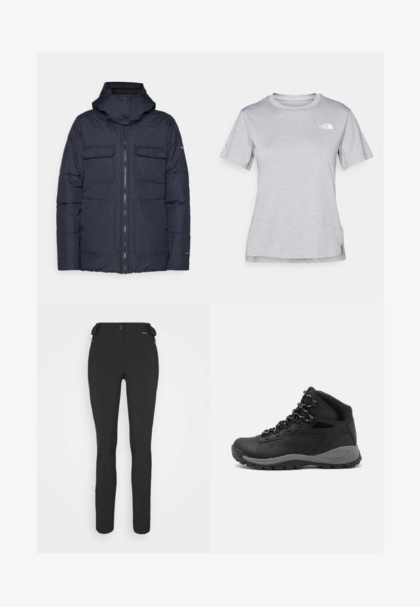Mornarji jakna s puhastim polnjenjem in kapuco, ki ima zadrgo spredaj, dve žepni žepe na prsih in prešito zasnovo. Narejena iz teksturiranega sintetičnega materiala.; Siva kratka majica s kratkimi rokavi, izdelana iz mehkega, vlago odvračajočega materiala. Ima okroglo izrez in majhen bel logotip na zgornji levi strani.; Črne prileganje hlače, izdelane iz fleksibilnega materiala. Značilnosti vključujejo žep z zadrgo na strani, artikulirana kolena in gladko teksturo.; Črne pohodniške čevlje z srednje visokim dizajnom, ki imajo teksturirano zgornji del, sivi dodatki in vzdržljiv gumen podplat s protizdrsnimi izboklinami.