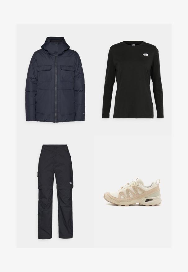 Giacca puffer blu navy con cappuccio, dotata di zip frontale, due tasche sul petto e design trapuntato. Realizzata in materiale sintetico texturizzato.; T-shirt nera a maniche lunghe in cotone con colletto rotondo. Presenta un piccolo logo bianco sul lato sinistro del petto. Design semplice e vestibilità comoda.; Pantaloni cargo in nylon nero con zip rimovibile, polsini regolabili, molteplici tasche e un logo sulla gamba destra. Tessuto liscio e leggero.; Scarpa atletica beige e crema con tomaia in mesh testurizzato, sovrapposizioni supportive e suola in gomma con un motivo a tasselli per la trazione.