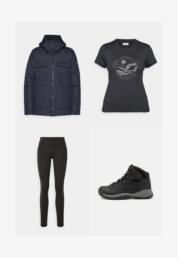 Navy puffer jacket with a hood, featuring a zip front, two chest pockets, and a quilted design. Made from a textured, synthetic material.; Black Columbia t-shirt with white circular mountain and river line art and text "Columbia Sportswear Company Outside Since 1938."; Black leggings with a high waistband, drawstring, smooth texture, and fitted design. Features stitching details along the sides.; Black hiking boot with a mid-top design, featuring a textured upper, gray accents, and durable rubber sole with traction lugs.