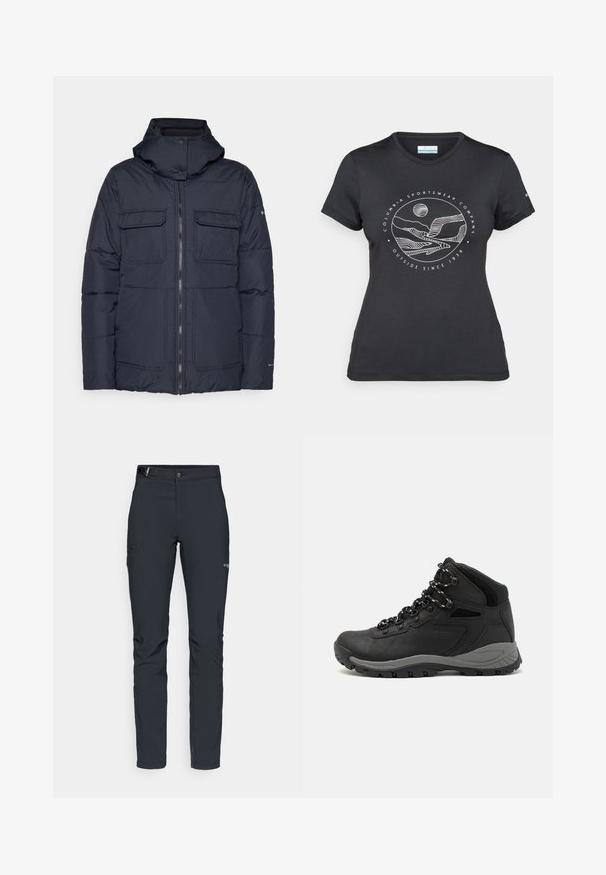 Marineblå puffjakke med hette, med glidelås foran, to brystlommer og quiltet design. Laget av et teksturert, syntetisk materiale.; Svart Columbia t-skjorte med hvit sirkulær fjell- og elvlinjekunst og tekst "Columbia Sportswear Company Outside Since 1938."; Herre utendørsbukser, mørkegrå, laget av fleksibelt materiale, med belte, glidelåslommer og forsterkede sømmer.; Sorte turstøvler med mid-topp design, som har en teksturert overdel, grå detaljer og slitesterk gummisåle med godt grep.