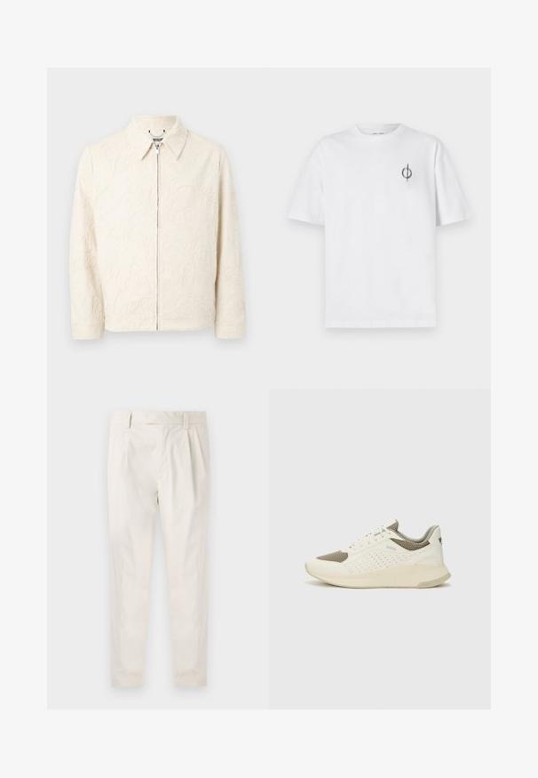 Beige broderad jacka med krage, dragkedjestängning och texturerade blommönster. Tillverkad av ett mjukt tyg, har den långa ärmar och en skräddarsydd passform.; Vit bomullströja med avslappnad passform, med en liten svart grafisk logotyp på vänster bröstområde. Korta ärmar, rundad hals.; Vita, plisserade byxor med skräddarsydd passform, med en mjuk yta, bälteshängare och avsmalnande ben. Inga synliga fickor eller mönster.; Vit och ljusbeige atletisk sneaker med ett meshöverdrag, perforerade detaljer och en texturerad mellansula med varumärke på hälen.