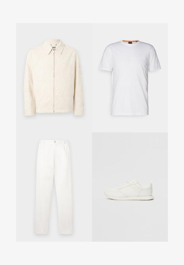 Beige embroidered jacket with a collar, zip closure, and textured floral patterns. Made from a smooth fabric, it has long sleeves and a tailored fit.; White cotton T-shirt with a crew neck, short sleeves, and a subtle embossed logo on the chest. Interior tag has an orange accent.; White trousers made from smooth fabric, featuring a straight leg design, front pleats, and a single button closure at the waist.; White sneaker with a mesh and synthetic upper, round toe, flat laces, and a textured side stripe. Rubber sole with a pull tab at the back.